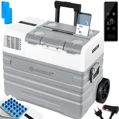 KESSER® Kompressor Kühlbox elektrisch Gefrierbox, Mit APP-Steuerung USB-Anschluss 12/24 V 230V, +Teleskopstange Räder Kühlschrank Kühlung bis -20 °C für Auto, Lkw, Boot, Reisemobil, Camping