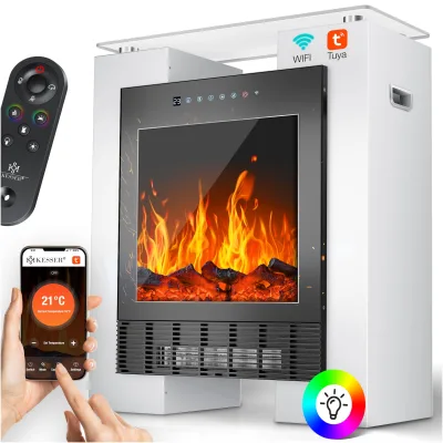 KESSER® LED Kamin mit Heizung elektrisch   Heizlüfter Elektrokamin mit Thermostat, Standkamin mit realistischem Feuer -/ Flammeneffekt per App + Fernbedienung & WLAN – mit Timer,15-35°C
