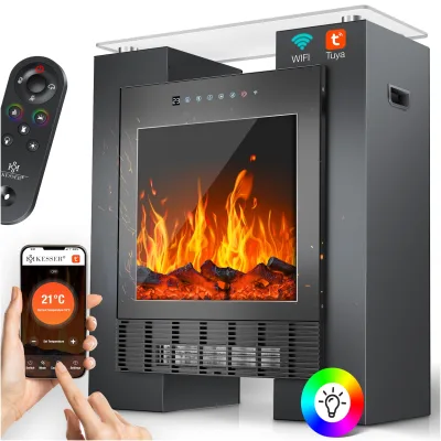 KESSER® LED Kamin mit Heizung elektrisch   Heizlüfter Elektrokamin mit Thermostat, Standkamin mit realistischem Feuer -/ Flammeneffekt per App + Fernbedienung & WLAN – mit Timer,15-35°C
