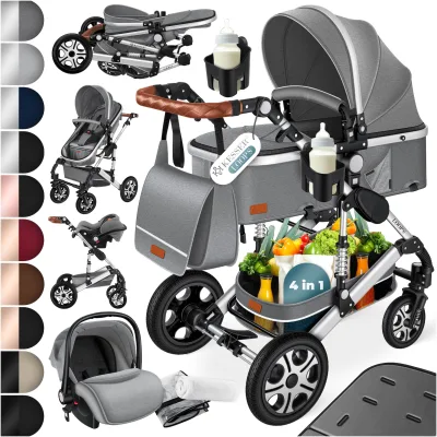 KESSER® Loops Kinderwagen 4 in 1 Kombikinderwagen Komplett-Set auch als Buggy für Kinder bis 4 Jahre inkl. Babywanne, Babyschale + Fußsack, Korb, Wickeltasche, Regen- & Insektenschutz & Flaschenhalter
