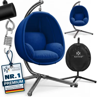 KESSER® Luxe Hängesessel mit Gestell + weicher Sitzkissen, Seitenpolsterung, Sitz- und Rückenkissen Hängekorb Indoor & Outdoor, Garten Schaukel Korb Hängestuhl Stabiler Standfuß, max. 150 kg
