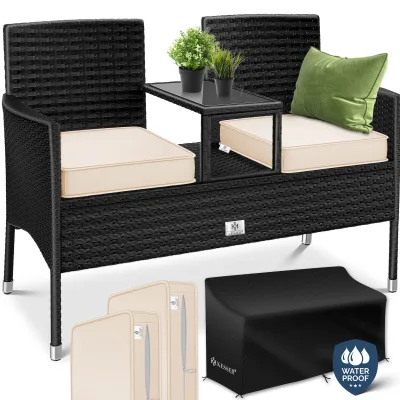 KESSER® Polyrattan Gartenbank 2-Sitzer Bank mit integriertem inkl. Tisch & Kissen - 133 × 55 × 84 cm - Rattan Sitzbank Garten Balkon Gartensofa wetterfest Sitzgruppe Ultra Stabile