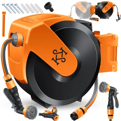 KESSER® Schlauchtrommel mit Gartenschlauch   Wasserschlauchtrommel zur Wandmontage   Wandhalterung   180° schwenkbar & automatische Aufrollung   Wand-Schlauchbox inkl. 7-Funktionen Handbrause
