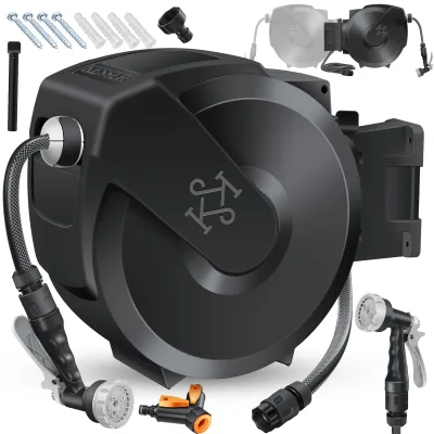 KESSER® Schlauchtrommel mit Gartenschlauch   Wasserschlauchtrommel zur Wandmontage   Wandhalterung   180° schwenkbar & automatische Aufrollung   Wand-Schlauchbox inkl. 7-Funktionen Handbrause