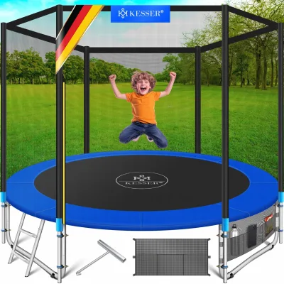 KESSER® - Trampolin    TÜV Rheinland GS Zertifiziert   Komplettset mit Sicherheitsnetz, Leiter,  Randabdeckung, Seitentasche & Zubehör   Kindertrampolin Gartentrampolin Belastbarkeit 150 kg