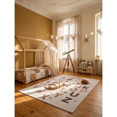 Kinderteppich Alphabet mit Regenbogen Creme 120x170 cm Waschbar