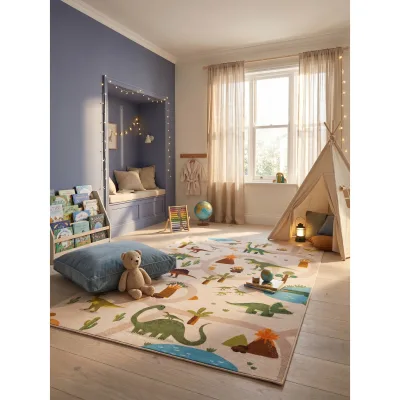Kinderteppich Dinosaurier-Landschaft Beige 140x200 cm Waschbar