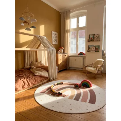 Kinderteppich Regenbogen mit Herz Creme 120x120 cm Waschbar