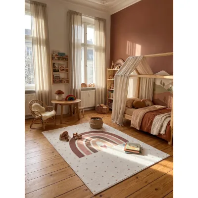 Kinderteppich Regenbogen mit Herz Creme 120x170 cm Waschbar