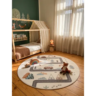 Kinderteppich Straßenkarte Abenteuer Creme 160x160 cm Waschbar