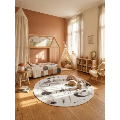 Kinderteppich Waldabenteuer mit Tieren Creme 120x120 cm Waschbar