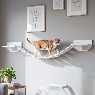 Kletterbrücke MCW-Q56, Katzenleiter Katzentreppe Hängebrücke Katzenbrücke Plattform, Holz MVG 15x130x19cm ~ weiß