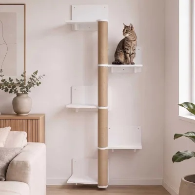 Kletterwand MCW-Q58, Katzenwand Kletterbaum Wandkratzbaum Kletterregal Plattform 5 Stufen, Holz MVG 147x62x27cm ~ weiß