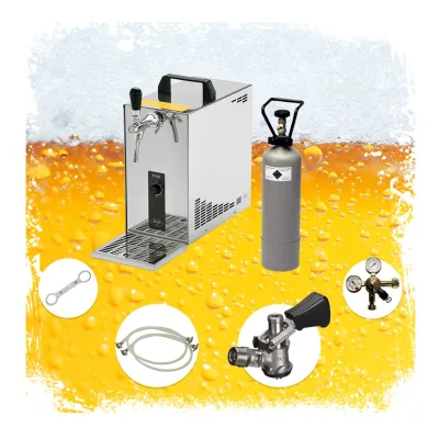 Komplett Set - Zapfanlage, Bierzapfanlage, Bierkoffer, Durchlaufkühler PYGMY 25 1-leitig Trockenkühler, 35 Liter/h, Flach