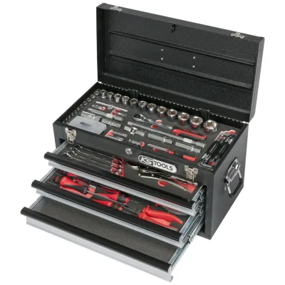 KS Tools ULTIMATE-Werkzeugkasten, komplett ausgestattet - 3 Schubladen und Ablage - 114 Teile