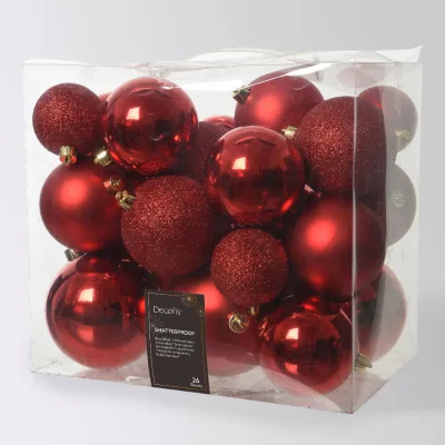 Kugelmix, weihnachtsrot, Kunststoff, ca. Ø 6, 8 & 10 cm, 26er-Set