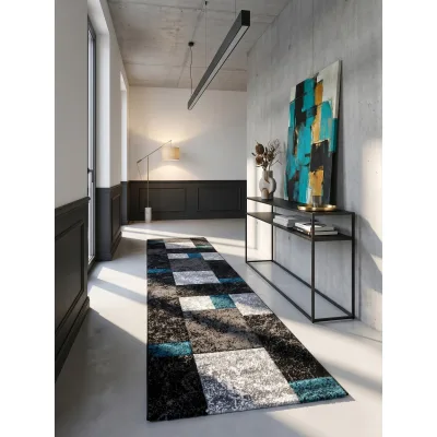 Kurzflorteppich LATEMAR, kariert, Türkis, 80 x 300 cm