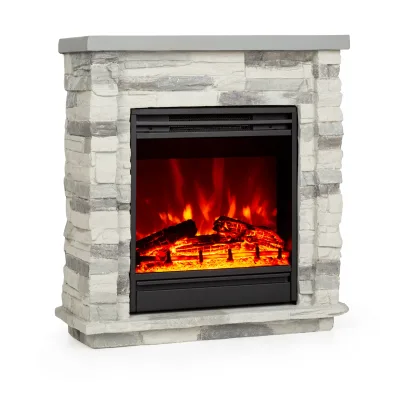 Lienz Elektrischer Kamin 1800W Steindekor Polystone Fernbedienung Steinoptik/Hellgrau