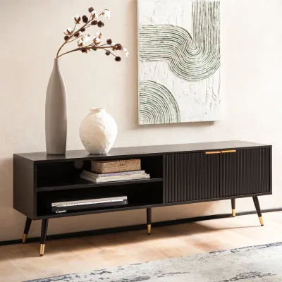 Lowboard FineBuy TV Schrank 150 cm Schwarz Türen Fernsehkommode Eiche Modern