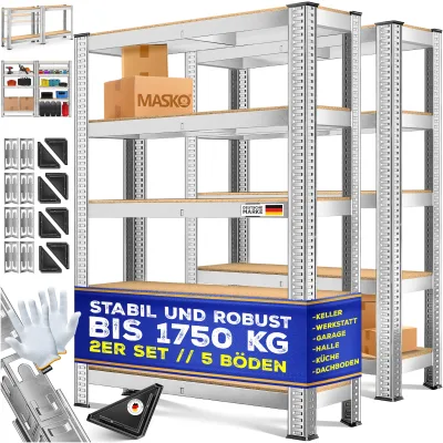 MASKO® 2er-Set Lagerregal Schwerlastregal, Kellerregal, verstellbare Ablagen, MDF-Platten Regal aus Metall, Steckregal, Werkstattregal, Keller, Garage