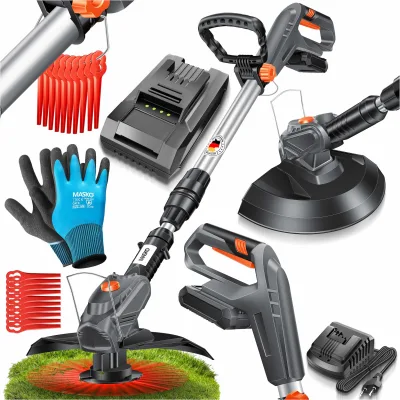 MASKO® Akku-Rasentrimmer mit 20 V Li-Akku, 2,0 Ah Akku und Ladegerät, Motorsense 26 cm Schnittkreis, 180° Trimmwinkel, Teleskop-Stiel & Zusatzhandgriff, inkl. 20 Messer Kunststoffklinge