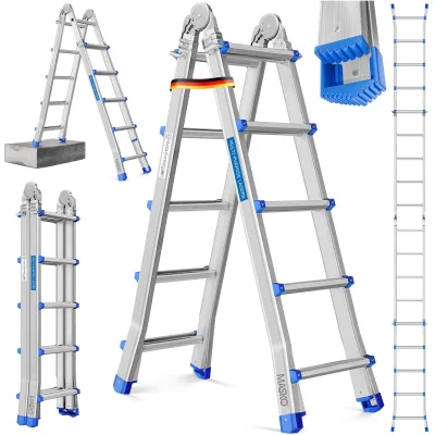 MASKO Aluminium 6in1 Mehrzweckleiter – 20 Sprossen   - 520 cm   150 Kg, ausziehbar, Rutschfest, Multifunktional, Gelenkleiter, Anlegeleiter, Klappleiter, beidseitige Steh- und Treppenleiter
