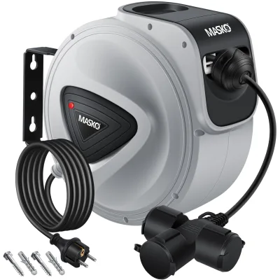 MASKO® Automatik Kabeltrommel Verlängerungskabel mit 3-Fach Anschluss 180° drehbar 1,5m Zuleitung Wandhalterung Werkstatt Kabelaufroller Automatisch Stromtrommel Schlauchaufroller Inkl. Handschuhe