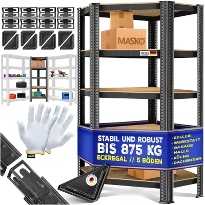MASKO® Eckregal Lagerregal Schwerlastregal, Kellerregal, 180x75x40cm , bis 875 kg, 5 verstellbare Ablagen, MDF-Platten Regal aus Metall, Steckregal, Werkstattregal, Keller, Garage