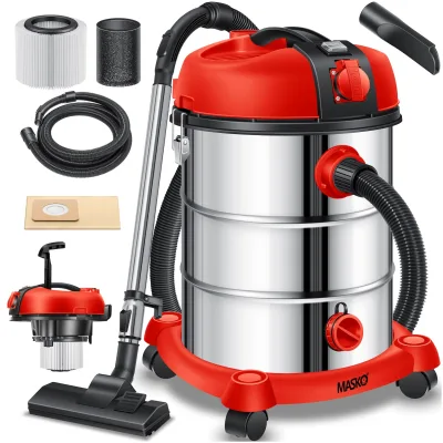 MASKO® Industriestaubsauger, Nass Trockensauger HEPA, 3 in 1 Filtersystem, 58 l/s Werkstattsauger mit Steckdose, 2300W, 30L, Industriesauger mit & ohne Beutel, Filter + Aufsätze, Push&Clean