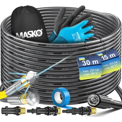 MASKO® Premium Rohrreinigungsschlauch Set Abflussreiniger 30m, 200 bar inkl. Tasche 3 Adapter 2 Düsen kompatibel mit Kärcher k2-k7 LAVOR Hochdruckreiniger Rohrreinigungsset + Handschuhe & Isolierband