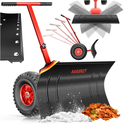 MASKO® Schneeschaufel auf Rädern höhenverstellbar - 5-Fach Höhenverstellbar Schneeräumen, rückenschonender Schneeschieber, Schneeschild 75 cm Arbeitsbreite-Höhe 42 cm, platzsparend zusammenklappbar