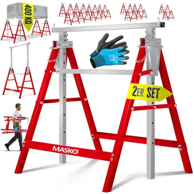 MASKO® Teleskop-Arbeitsbock Untergestell   Klappbock max. Belastbarkeit 200 kg   Unterstellbock höhenverstellbar Min. / max. Arbeitshöhe 800-1300 mm   Gerüstbock inkl. Handschuhe