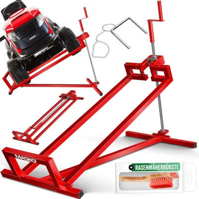 MASKO® XXL Rasentraktorheber 450 kg Hebevorrichtung Hebebühne Aufsitzmäher – Rasentraktor Heber, 45° verstellbar, universal Reinigungshilfe mit Zubehör & Adapter (je nach Wahl)