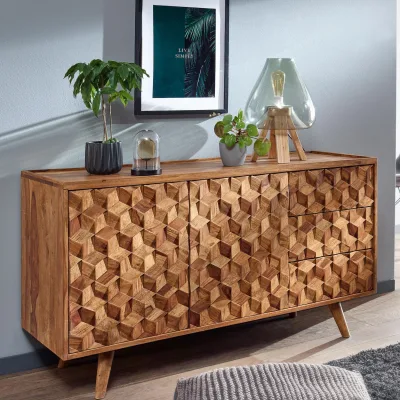 Massivholz Sideboard 140cm Sheesham Natur Kommode mit 2 Türen & 3 Schubladen Retro Design