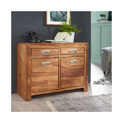 Massivholz Sideboard 90cm Sheesham Kommode mit 2 Türen & 2 Schubladen Landhaus Style