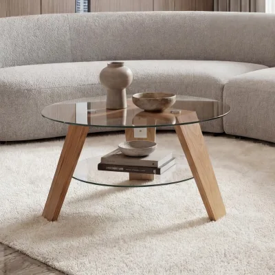 MCA Couchtisch MCW-P59, Beistelltisch Kaffeetisch Wohnzimmertisch, Massiv-Holz Glas rund Ø 75cm, Eiche ~ natur