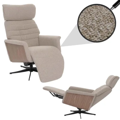 MCA Relaxsessel MCW-N56, Fernsehsessel Liegesessel Fußstütze drehbar Bouclé Stoff Holz ~ Stoff braun, Holz Walnuss-Optik