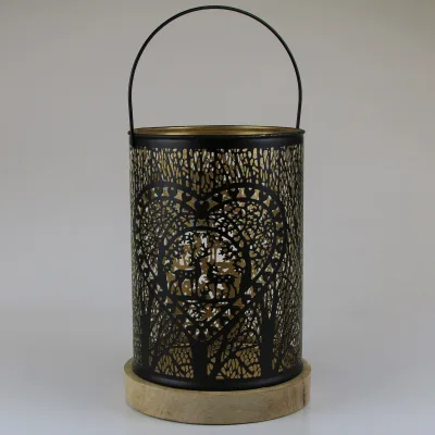 Metall-Laterne, schwarz/gold, mit Mangoholz, Ø24xH37 cm