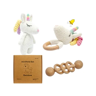miniHeld Handgestricktes Einhorn Rainbow Set Babyrassel Holz Baumwolle 16 cm