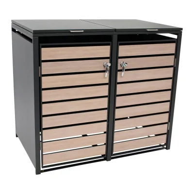 Mülltonnenbox BERLIN 132x80x116cm für 2x Tonnen 120 und 240 Liter, Stahl anthrazit mit Türen Holzoptik