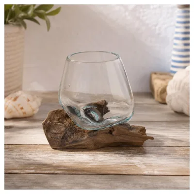 Mundgeblasene Glasvase auf Kaffeewurzel 10 cm Dekovase aus Glas und Holz