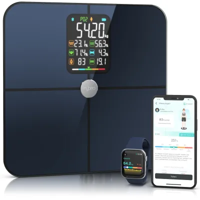 Mybeo Bluetooth-Körperfettwaage mit App-Steuerung, LCD-Display, Analyse von BMI, Körperfett und Muskelmasse, bis 180 kg, schwarz