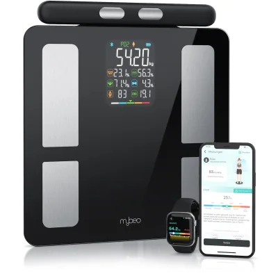 Mybeo Körper-Analyse-Waage Digitale Bluetooth Körperfettwaage, Handgriff-Messung & App-Steuerung, 1-tlg., Diagnosewaage, BMI, Körperfett