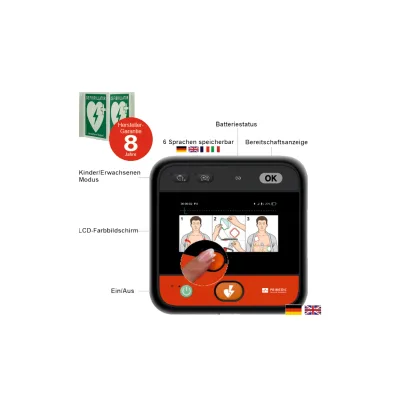 myPAD-A AED LCD-Farbbildschirm, klimatisierter Metallwandkasten & Winkelschild, DE/EN