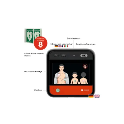 myPAD-A AED LED-Grafik, klimatisierter Metallwandkasten & Winkelschild, DE/EN