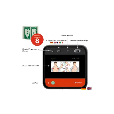 myPAD-M AED LCD-Farbbildschirm, klimatisierter Metallwandkasten & Winkelschild, DE/EN