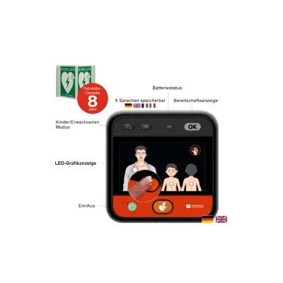 myPAD-M AED LED-Grafik, klimatisierter Metallwandkasten & Winkelschild, DE/EN