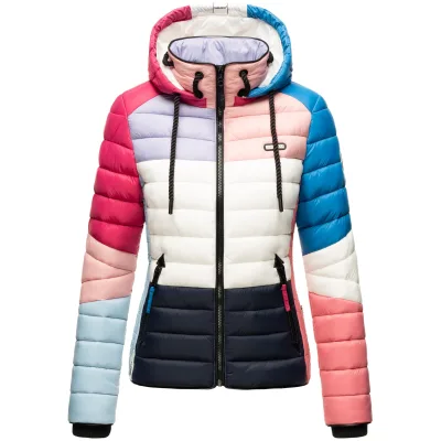 NAVAHOO Damen Steppjacke leichte Übergangsjacke mit Kapuze im Colourblocking Stil Lulana Multikulti