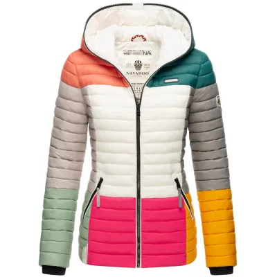 NAVAHOO Damen Stylische Steppjacke Colorblocking Übergangsjacke mit Kapuze Multikulti