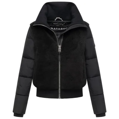 NAVAHOO Damen Winterjacke Teddyfell warm Jacke gesteppte Ärmel Kragen Teddyzone